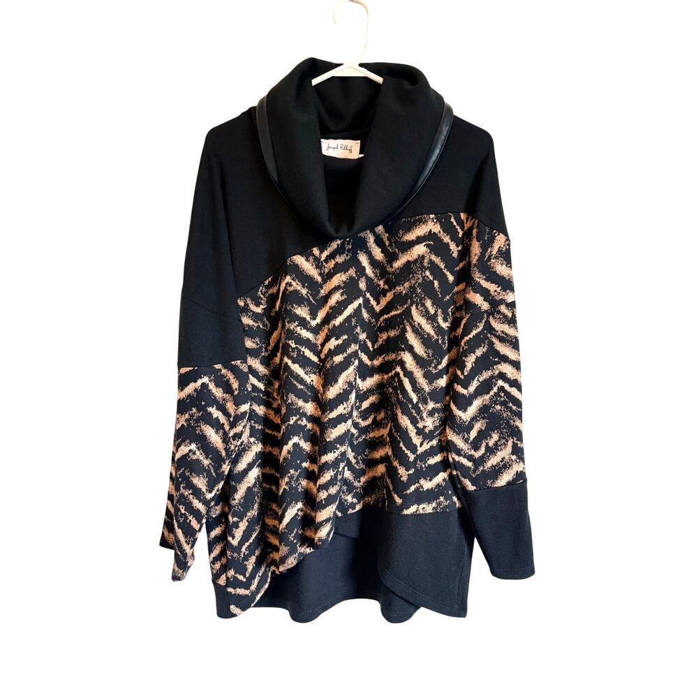 Joseph Ribkoff Zigzag Print Tunic Cowl Neck Asymetric Black Tan 16w Lagenlook